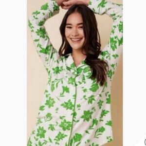 Cats Pajamas Green Floral Super Soft  Pima Cotton Blend Button Up Pajama Top XS
